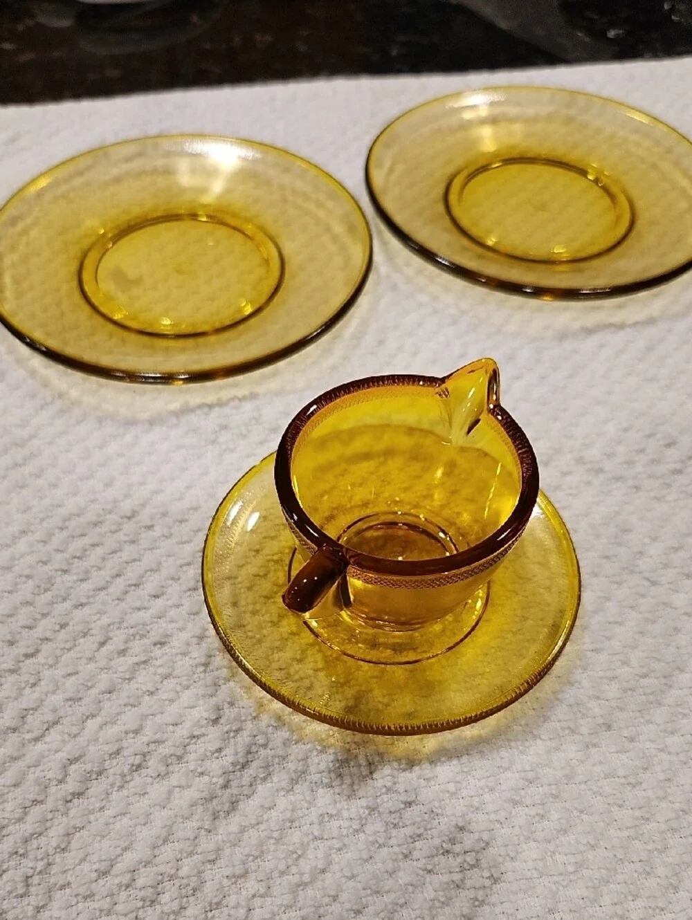 Child's VINTAGE Topaz Glass Tea Set - Elegant Amber Cups and Saucers